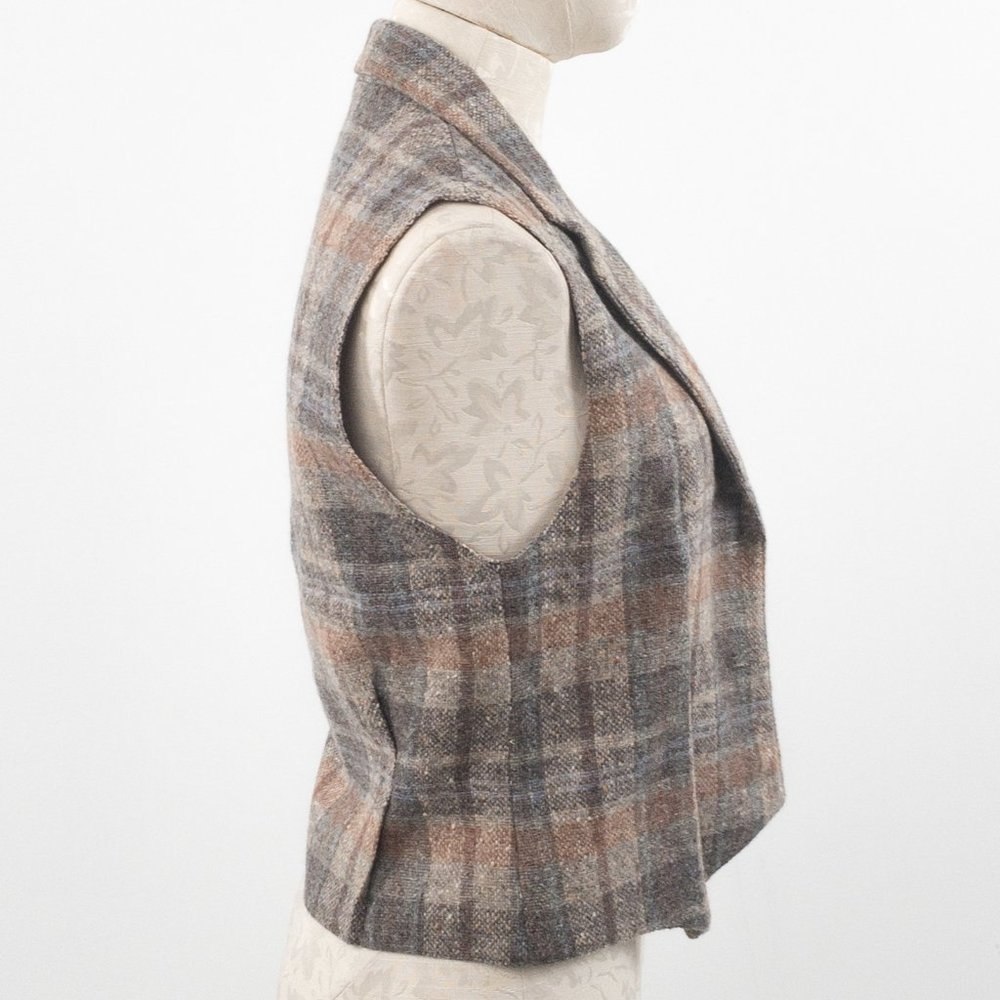 Vintage 70s S Tailored Wool Plaid Suit Vest Top - Picture 8 of 11